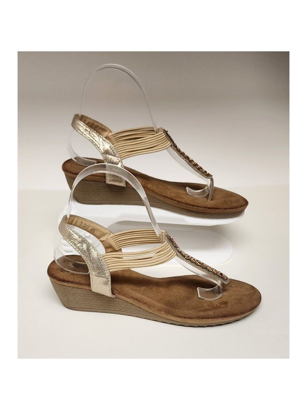 GC Shoes Tori Rhinestone Strap Wedge Sandals, Open Toe Elastic Slingback 8.5